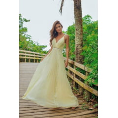 Vestido de Festa Longo Amarelo Pastel Plissado e Renda Vestido de Festa Longo Amarelo Pastel Plissado e Renda