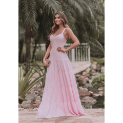 Vestido de Festa Longo Rosa Saia em Camadas Vestido de Festa Longo Rosa Saia em Camadas