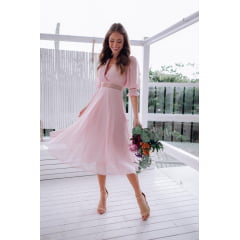 Vestido Midi Rosa Decote em V Casamento Civil e Festas Vestido Midi Rosa Decote em V Casamento Civil e Festas
