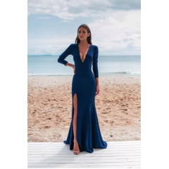 Vestido de Festa Longo Azul Marinho Sereia Manga Longa e Fenda Vestido de Festa Longo Azul Marinho Sereia Manga Longa e Fenda