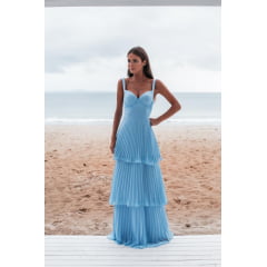 Vestido de Festa Longo Azul Serenity Plissado e Saia em Camadas Vestido de Festa Longo Azul Serenity Plissado e Saia em Camadas