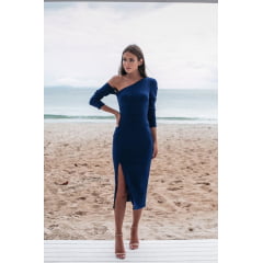 Vestido Midi Azul Royal Sereia Crepe com Elastano Vestido Midi Azul Royal Sereia Crepe com Elastano
