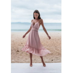 Vestido Midi Rosé Detalhes em Guipir no Busto e Decote em V Vestido Midi Rosé Detalhes em Guipir no Busto e Decote em V